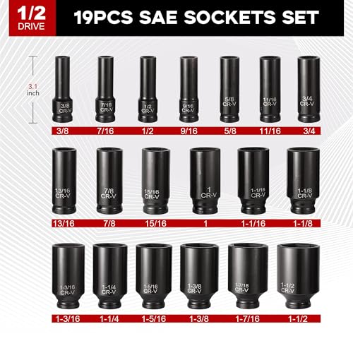 Aloanes 25-Piece 1/2" Drive Socket Set, SAE (3/8"- 1-1/2"), Deep Sockets, 1/2" F to 3/8" M Reducer,3/8" F to 1/2" M Reducer, Universal Joint, Extension Bars, 6 Point, Cr-V - size: 1/2" 25 PCS SAE