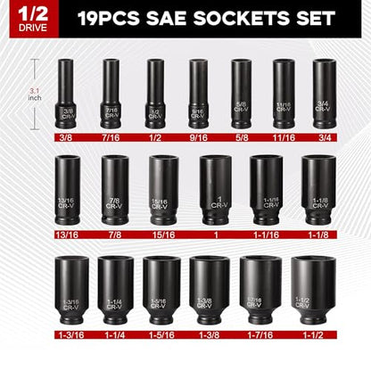 Aloanes 25-Piece 1/2" Drive Socket Set, SAE (3/8"- 1-1/2"), Deep Sockets, 1/2" F to 3/8" M Reducer,3/8" F to 1/2" M Reducer, Universal Joint, Extension Bars, 6 Point, Cr-V - size: 1/2" 25 PCS SAE