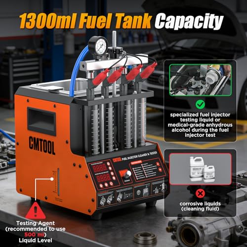 CMTOOL Ultrasonic Fuel Injector Cleaner Tester Machine 12 Functions with 45℃ Heating Cleaning Fluid 110V Fuel System Injection Cleaning Kit for 4 Cylinder Diesel Gasoline Car Motorcycle (Orange Pro)