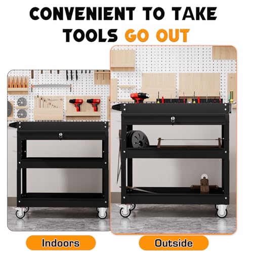 3 Tier Tool Cart on Wheels with Drawers - Three Tier Rolling Cart with Lockable Storage - Mechanic Tool Chest - Tool Chest with Wheels Used in Garage, Indoors, Workshop (Black)