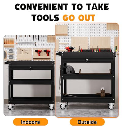 3 Tier Tool Cart on Wheels with Drawers - Three Tier Rolling Cart with Lockable Storage - Mechanic Tool Chest - Tool Chest with Wheels Used in Garage, Indoors, Workshop (Black)