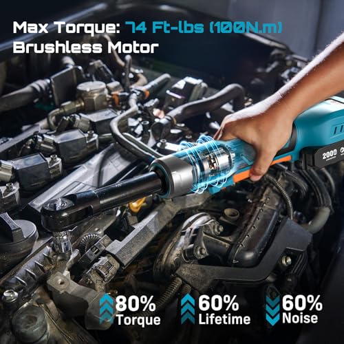Cordless Electric Ratchet Wrench 3/8", 6" Extended Neck, 3-Speed Adjustable, 74 Ft-lbs Max Torque, 21V Power Brushless Ratchet with 2×2.0Ah Batteries & Fast Charger, 8 Sockets, 1/4"& 1/2" Adapter - size: Extended 6 Inch
