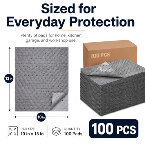 Adhesive-Backed Oil Absorbent Pads, 100 Pack 10 x 13 Inch Leak-Proof Oil Spill Mats with PVC Backing, Non-Slip Disposable Garage Drip Pads for Change, Workbench, Floor & Kitchen Grease Cleanup