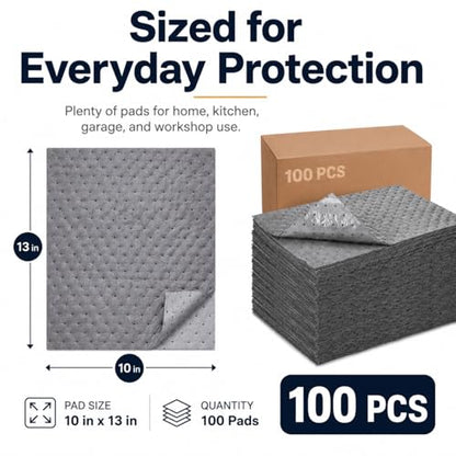 Adhesive-Backed Oil Absorbent Pads, 100 Pack 10 x 13 Inch Leak-Proof Oil Spill Mats with PVC Backing, Non-Slip Disposable Garage Drip Pads for Change, Workbench, Floor & Kitchen Grease Cleanup