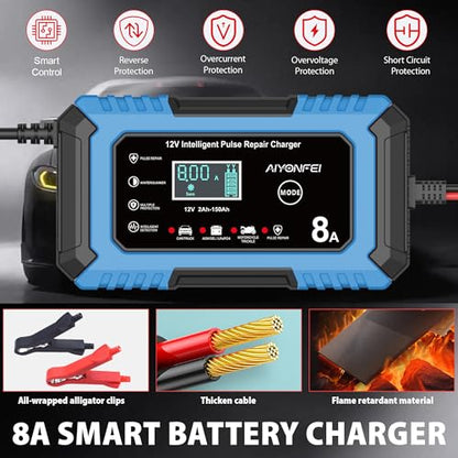 12V Battery Charger 8-Amp Smart Trickle Charger, Blue | Battery Maintainer and Desulfator, Temperature Compensation, for Car, Truck, SUV, Motorcycle, Boat, Lead Acid, LiFePO4 - color: Blue