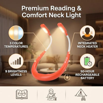 Orange LED Neck Light, Heated Flexible Reading Lamp with 3 Color 9 Brightness, Rechargeable Bendable Neck Light with 2000mAh Battery, for Campers, Mechanics, and Night Readers