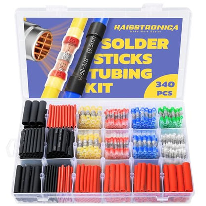 haisstronica 340PCS Solder Seal Wire Connectors with Heat Shrink Tubing Kit - Solder Sticks Wire Terminals Waterproof Electrical Connectors and 3:1 Shrinking Tube for Marine,Automotive,Wiring Projects - size: 340 PCS