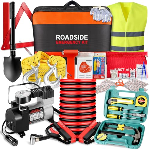 Car Emergency Kit with Air Compressor,Roadside Emergency Car Kit for Vehicles Auto Truck with Jumper Cables,Winter Car Safety Kit with Folding Shovel Car Repair Tool Set First Aid Kit Blanket Tow Rope