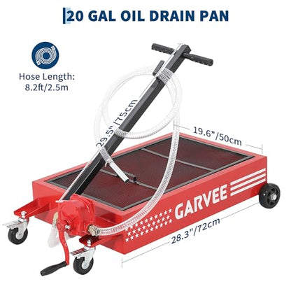 Garvee 20 Gal Oil Drain Pan with Pump, Low Profile Rolling Oil Drain Cart with 8.2 ft Hose, Foldable T-Handle & Lockable Swivel Casters, Leak-Proof & Heavy Duty for Cars, SUVs, Trucks - color: Red, size: 20 Gal + Manual
