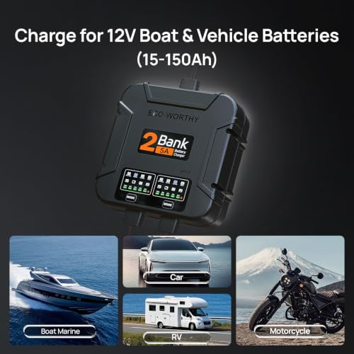 ECO-Worthy 2 Bank Marine Battery Charger 10A (5A/Bank), IP68 Waterproof 12V Charger & Maintainer for Boat RV Car, Lead-Acid LiFePO4 & Calcium Battery Desulfator