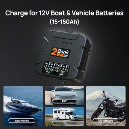 ECO-Worthy 2 Bank Marine Battery Charger 10A (5A/Bank), IP68 Waterproof 12V Charger & Maintainer for Boat RV Car, Lead-Acid LiFePO4 & Calcium Battery Desulfator