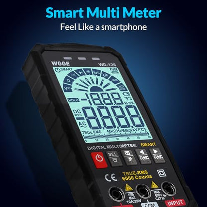 WGGE Digital Multimeter Voltmeter Smart Electrical Tester Measures Voltage Current Resistance Continuity Duty-Cycle Capacitance Temperature Frequency Auto Ranging 6000 Counts TRMS