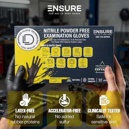 Ensure Black Nitrile Gloves – 7 Mil Heavy-Duty Disposable Gloves, Low Dermatitis, Powder & Latex Free, Puncture & Chemical Resistant for Mechanic, Industrial, Food Service, Medical Use (100, X-Large) - size: X-Large