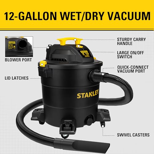 STANLEY 12 Gallon 5.5HP Wet/Dry Vacuum,3-in-1 Vacuum Blower & Pump, Heavy-Duty for Wet/Dry Messes, Dust & Water, Ideal for Garage Jobsite Home, SL18199P - color: Sl18199p-1