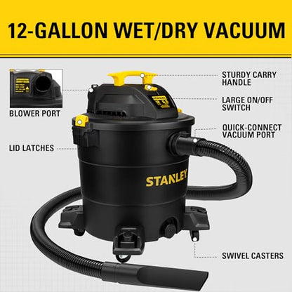 STANLEY 12 Gallon 5.5HP Wet/Dry Vacuum,3-in-1 Vacuum Blower & Pump, Heavy-Duty for Wet/Dry Messes, Dust & Water, Ideal for Garage Jobsite Home, SL18199P - color: Sl18199p-1