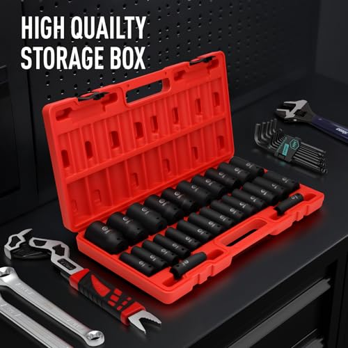 DISEN 26 Pcs Metric 1/2" Impact Socket Set | 10mm - 36mm Deep Sockets Set Impact, 6-Point,Cr-V,Rugged Construction 1/2 Inches Drive Socket - style: 1/2“ 26PCS