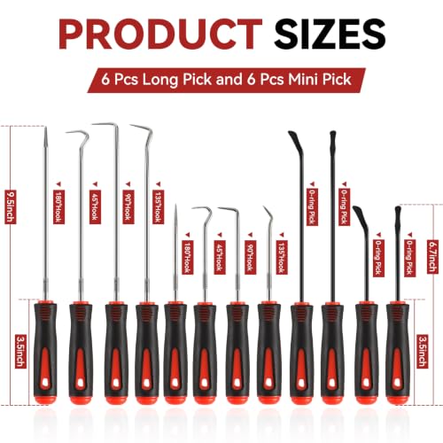 12PCS Automotive Pick and Hook Tool Set, Professional Mechanic Pick Set | 4 Flat Oil Seal Hooks & 8 Hook Picks, Dual Length Design, Heat-Treated High Carbon Steel & Premium Metal, Ergonomic Grip - color: Red