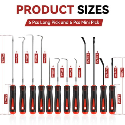 12PCS Automotive Pick and Hook Tool Set, Professional Mechanic Pick Set | 4 Flat Oil Seal Hooks & 8 Hook Picks, Dual Length Design, Heat-Treated High Carbon Steel & Premium Metal, Ergonomic Grip - color: Red