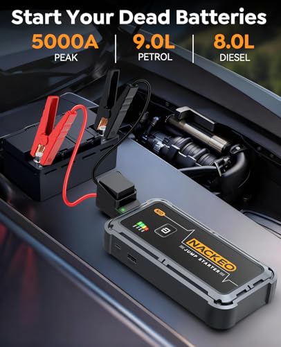 Portable Car Battery Jump Starter 5000A Car Jump Starter Battery Pack (9.0L Gas/8.5L Diesel), 12V Jump Box Car Battery Jumper Starter Portable Jumper Cables, Fast Charge, Lights, Compact