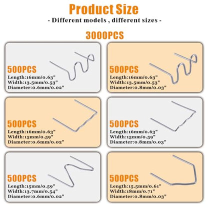 3000PCS Plastic Bumper Repair Kit - 6 Types Hot Stapler Staples 0.6丨0.8mm for Plastic Welding Projects