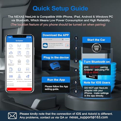 NEXAS NexLINK Bluetooth OBD2 Scanner with Live Data for All US Cars | Reads & Clear Check Engine Light, Performance Test, Bluetooth Wireless Connection For iPhone and Android, Lifetime Updates - size: obd2 scanner