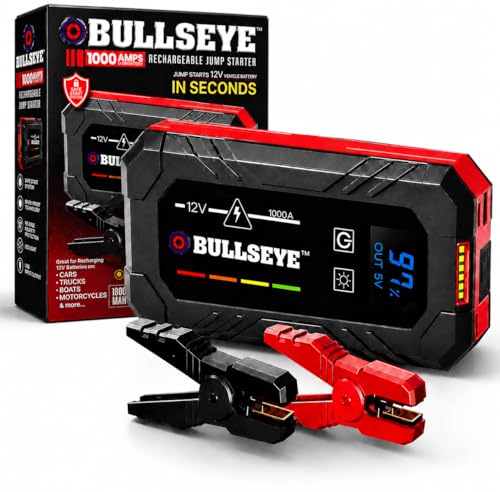 Bullseye SafetyXL 12V 1000A Car Battery Jump Starter Box with Jumper Cables | Spark + Reverse Polarity Protection, 1800 mAh, Rechargeable Power Bank, LED Flashlight - for 6.0L Gas / 3.0L Diesel Engines
