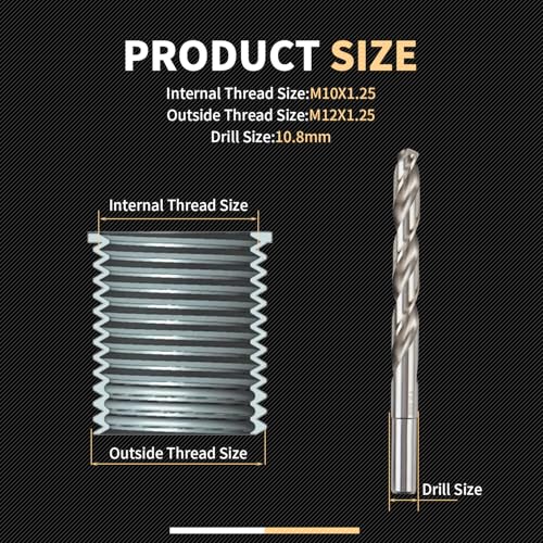 M10X1.25 Thread Repair Kit with 14mm Insert HSS Drill, Tap, Counterbore,Installation Driver,Stainless Steel Insert M10*1.25 * 14mm *10PCS