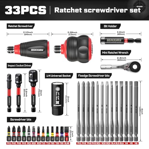 Geinxurn 33Pieces Impact Magnetic Screwdriver Set Include Stubby 2in1 Rachet Screwdriver Handle, Mini Ratchet Socket Wrench, Universal Socket,Bit Holder and Square Adapter for Repair & Outdoor Work - style: 33pcs