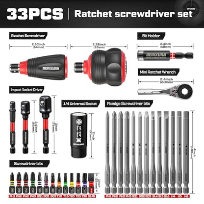 Geinxurn 33Pieces Impact Magnetic Screwdriver Set Include Stubby 2in1 Rachet Screwdriver Handle, Mini Ratchet Socket Wrench, Universal Socket,Bit Holder and Square Adapter for Repair & Outdoor Work - style: 33pcs