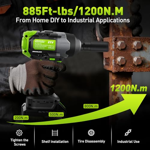 Cordless Impact Wrench for Car Tire Change, Max 1200N.m (885ft-Lbs) High Torque Impact Gun, Heavy Duty Impact Wrench for Mechanic, Auto Repair & Truck Maintenance, 4 Sockets - style: 1200N.m with 2 Battery
