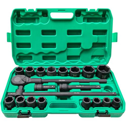 3/4" Drive Impact Socket Set, 21 Pcs Heavy Duty Large Socket Set | Cr-Mo Steel Standard 6-Point Metric Sockets(19mm-50mm), Includes Ratchet Wrench, Extension Bar, T Sliding Bar and Storage Box - style: 3/4in-21Pcs-Metric