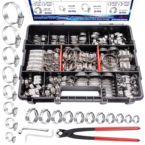 255PCS Hose Clamp Assortment 304 Stainless Steel Hose Clamp Kit,8 Sizes 1/4"-2"(6-51mm) Worm Gear Hose Clamps and 11 Sizes 0.24''-1.3''(6-33.1mm) Single Ear Hose Clamps Kit for Pipe Hose - color: Silver, size: 255pcs