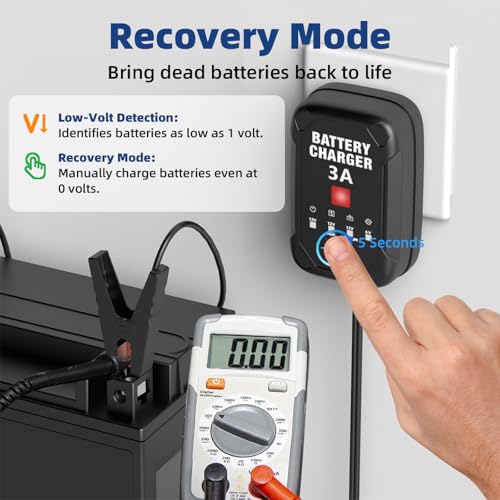 3A 6V/12V Car Battery Charger – Smart Trickle Charger, Battery Maintainer & Desulfator with Overcharge Protection & Temperature Compensation – for Lead Acid, AGM, Gel, Lithium Batteries - size: 3A