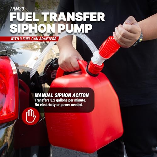 TERA PUMP Manual Siphon Fuel Transfer Pump | Gasoline & Diesel Transfer, 3.2 GPM, 3 Different Gas Can Adapters, No Heavy Lifting - size: 3 Gal / Min