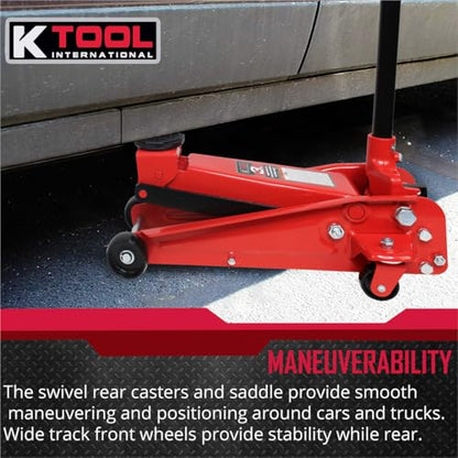 K Tool International 63131B 3 Ton Automotive Service Floor Jack for Garages, Repair Shops, and DIY, Portable, Compact, 6,000 lbs. Capacity, Hydraulic Lifting Range 5.5" - 8.75", Heavy Duty Steel, Red