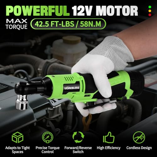 3/8" Electric Ratchet Wrench Set, 12V Cordless Ratchet, Power Socket Wrench Set with Variable Speed, 6 Sockets, LED Light, 1/4" Adapter, 1/2" Adapter, 2 x 2.0Ah Battery - style: Short neck & 2 batteries