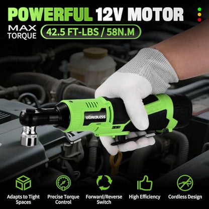 3/8" Electric Ratchet Wrench Set, 12V Cordless Ratchet, Power Socket Wrench Set with Variable Speed, 6 Sockets, LED Light, 1/4" Adapter, 1/2" Adapter, 2 x 2.0Ah Battery - style: Short neck & 2 batteries