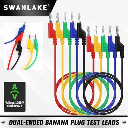 SWANLAKE 5-Piece Dual-Ended Banana Plug Test Leads, 1000V 15A 3.5ft/1M Multimeter Electrical 4mm Banana-Plug, Flexible Copper Banana Cable, Electrical Test Wires - color: 5PCS Dual Banana Clip Milti-color