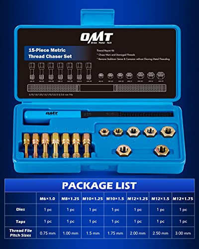 Metric Thread Chaser Set, 15-Piece Rethreading Tool Kit for M6 M8 M10 M12 | Master 15-Pc Restorer Set Includes 7 Taps, 7 Dies, and 1 Thread File. Durable Coated Steel. Hex Shape. Storage Case Incl - size: Metric