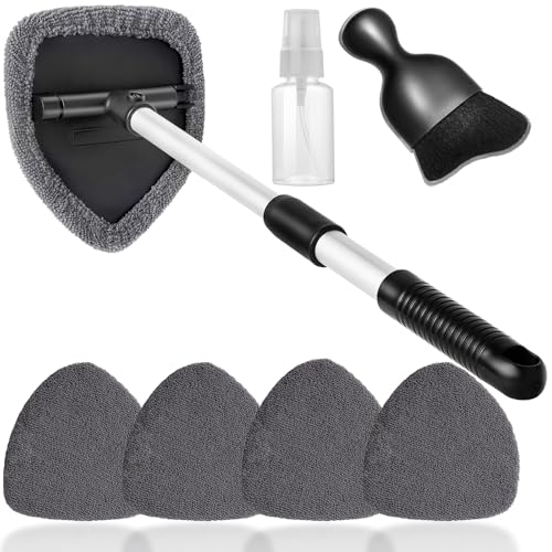 Qydipclin 7pcs Windshield Cleaner Tool Car Window Cleaning Wash Kit with 4 Reusable Microfiber Pads 1 Spray Bottle and Extendable Handle Auto Glass Wiper Kit, Gray - color: Gray