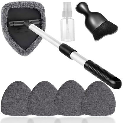 Qydipclin 7pcs Windshield Cleaner Tool Car Window Cleaning Wash Kit with 4 Reusable Microfiber Pads 1 Spray Bottle and Extendable Handle Auto Glass Wiper Kit, Gray - color: Gray