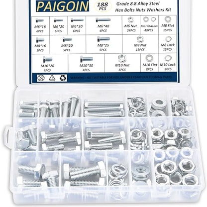 188PCS Metric Nuts and Bolts Assortment Kit, M6 M8 M10 Grade 8.8 | Heavy Duty Hex Bolts,Hardware,Nuts with Flat/Lock Washers Assorted,Bolt and Nut Kit - size: Hex Bolts-M6 M8 M10-188PCS