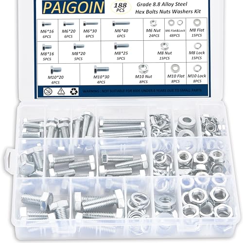 188PCS Metric Nuts and Bolts Assortment Kit, M6 M8 M10 Grade 8.8 | Heavy Duty Hex Bolts,Hardware,Nuts with Flat/Lock Washers Assorted,Bolt and Nut Kit - size: Hex Bolts-M6 M8 M10-188PCS