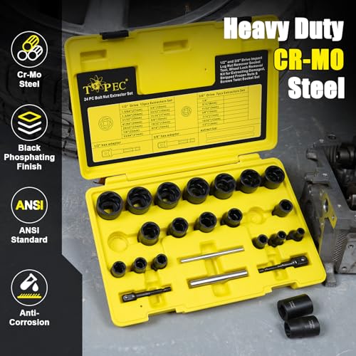 Topec Bolt Extractor Kit, 24PCS Stripped Bolt & Nut Extractor Socket Set with Adapter & Knock-Out Pin, 3/8” & 1/2” Drive Impact Wheel Lock Removal Kit for Damaged, Rusted, Rounded Nuts Bolts