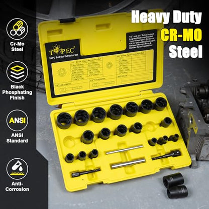 Topec Bolt Extractor Kit, 24PCS Stripped Bolt & Nut Extractor Socket Set with Adapter & Knock-Out Pin, 3/8” & 1/2” Drive Impact Wheel Lock Removal Kit for Damaged, Rusted, Rounded Nuts Bolts