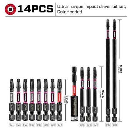 Geinxurn 13pcs Impact #1#2#3 Square Screwdriver Bits Set, 2” 3” 6” (SQ1/SQ2/SQ3) Magnetic S2 Steel Driver Bits Set and 1pc 3” Impact Bit Holder with Color Coded Base - size: 14pcs-Mix-SQ