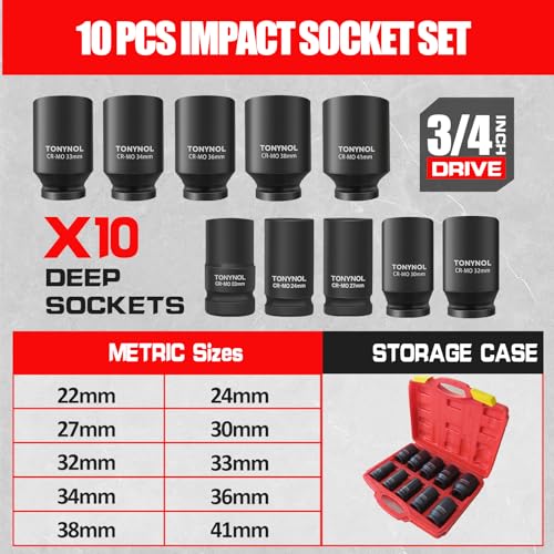 TONYNOL 3/4 Inch Drive Deep Impact Socket Set,6-Point,Metric Size(22mm to 41mm),10 Pcs,Cr-Mo.Heavy Duty Impact Socket Set,With a Storage Case. - size: 3/4" Drive 10-Piece (7/8" to 1-5/8") Deep