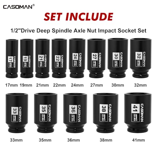 CASOMAN 1/2” Drive Deep Big Impact Socket Set, 13-Piece Large Spindle Axle Nut Impact Wrench Socket Set, 6 Point, CR-MO, Metric, 17mm - 41mm