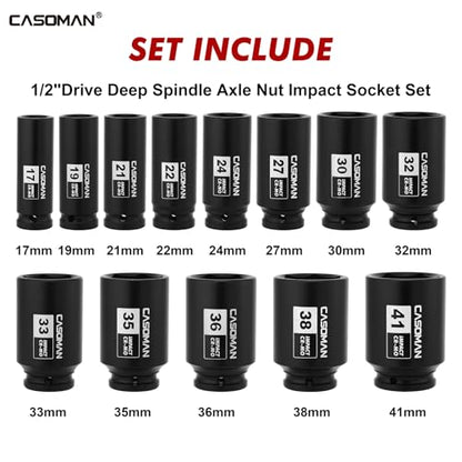 CASOMAN 1/2” Drive Deep Big Impact Socket Set, 13-Piece Large Spindle Axle Nut Impact Wrench Socket Set, 6 Point, CR-MO, Metric, 17mm - 41mm