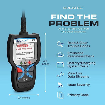 BLCKTEC 420 Bluetooth OBD2 Scanner Diagnostic Tool - Vehicle Code Reader for Car - Clears Check Engine Light - Comes with Premium OBD App On IOS & Android - Works For All Cars 1996 & Newer - size: Screen Size 1.8"